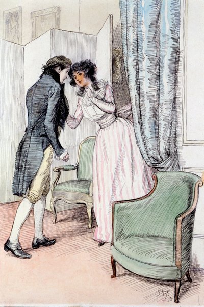 Rajzolj egy kicsit félre, Jane Austen „Érzék és érzék” című illusztrációja, 1895-ben (toll és mosás papíron) alkotó: Hugh Thomson