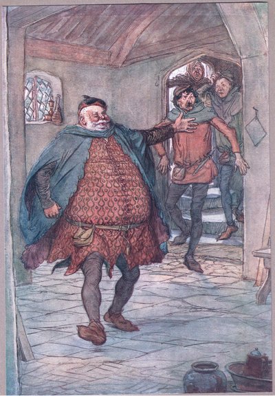 Lépj be Falstaff, pisztoly, Nym és Bardolph, illusztráció a Windsori vidám feleségekből, 1910 alkotó: Hugh Thomson