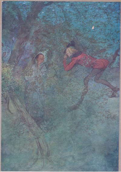 Odamentem hozzá, és sírtam a mamát, ő pedig sírt: Budget, illusztráció a Windsori boldog feleségekből, 1910 alkotó: Hugh Thomson