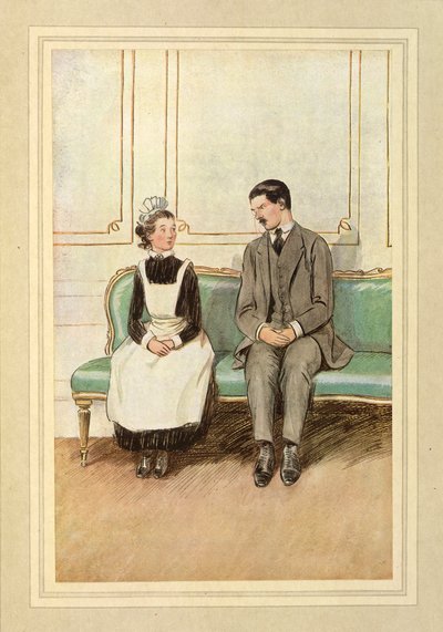 Lord Loam és egy szobalány ülve, J. M. Barrie A csodálatra méltó Crichton című művéből alkotó: Hugh Thomson