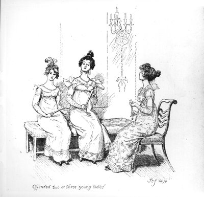 „Két vagy három fiatal hölgy megsértődött”, a Bingley nővérek Jane Austen „Büszkeség és balítélet” című művéből, 1894 (metszet) (bw fotó) alkotó: Hugh Thomson