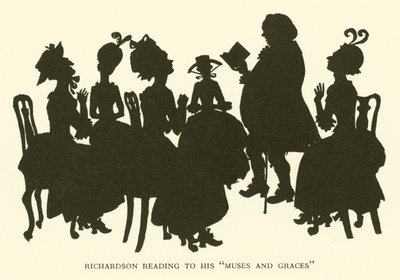Richardson „Múzsák és kegyelmek” című művét olvas (metszet) alkotó: Hugh Thomson