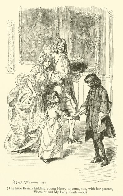 A kis Beatrix arra kéri a fiatal Henryt, hogy jöjjön el szüleivel, Viscounttal és My Lady Castlewooddal (metszet) alkotó: Hugh Thomson
