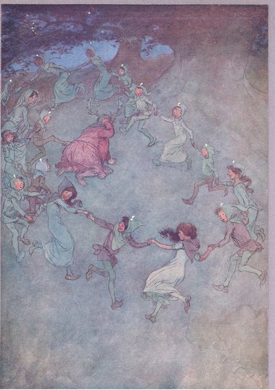 Aztán hagyd, hogy mindenki körülvegye őt, illusztráció a Windsori vidám feleségekből, 1910 alkotó: Hugh Thomson