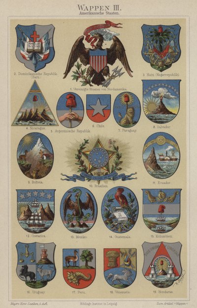 Amerika országainak címerei (színes litó) alkotó: Hugo Gerard (after) Strohl