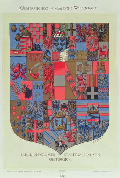 01315 Az Osztrák-Magyar Birodalom címere, az Osztrák Császári Udvar R. M. Rohrer által metszett fegyveres csapágyaival (színes litó) alkotó: Hugo Gerard Strohl