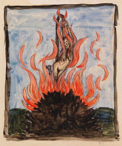 A máglyán égő boszorkány alkotó: Hugo Simberg