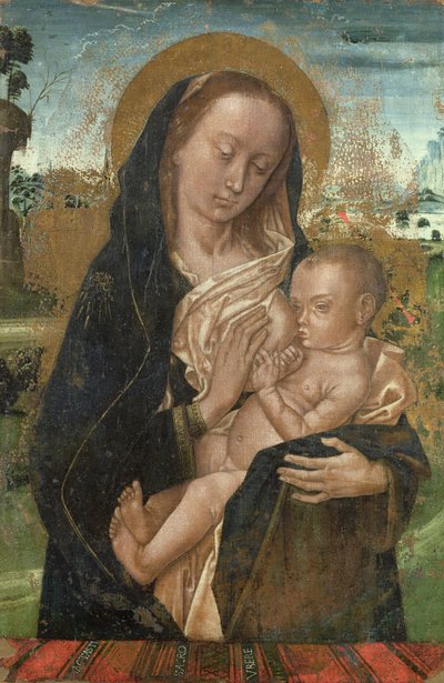 Szűz Mária, aki megnyugtatja a kis Jézust, 1476 után alkotó: Hugo van der studio of Goes