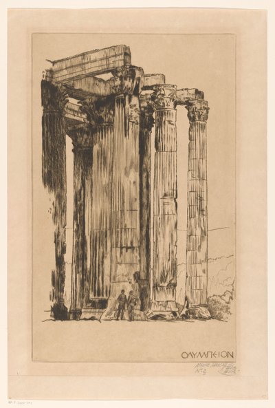 Olympieion két emberrel egy oszlop előtt Olymπeion (cím a tárgyon) alkotó: Huib Luns (signed by artist)