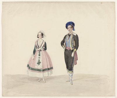 Férfi és nő történelmi viseletben, 1841 Hat akvarell történelmi jelmezekből az 1841-es jelmezbálhoz (sorozat címe) alkotó: Huib van Hove Bz