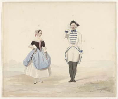 Férfi és nő történelmi viseletben, 1841 Hat akvarell történelmi jelmezekből az 1841-es jelmezbálhoz (sorozat címe) alkotó: Huib van Hove Bz