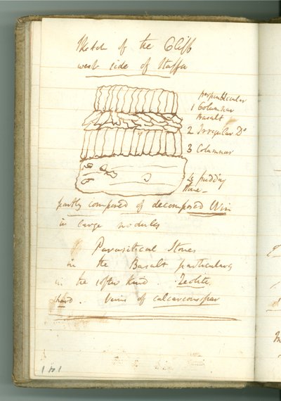 „Sketch of the Cliff West side of Staffa”, oldal Sir Humphry Davy személyes jegyzetfüzetéből (tinta papíron) alkotó: Humphry Davy