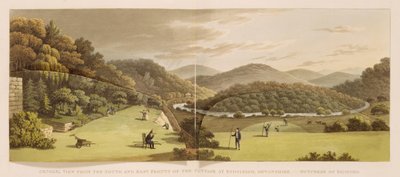 Általános kilátás a devon-i endsleighi kunyhó déli és keleti frontjáról (előtte) a "Fragments on the Theory and Practice of Landscape Gardening" című kiadványból, pub. 1816 (színes litó) (lásd még: 103914) alkotó: Humphry Repton