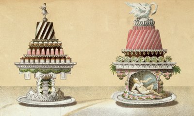 Tervezés Charlottes a la Reine & Pain de Framboises a la Leda bemutatójához, illusztráció egy francia konyhaművészetről szóló magyar szakácskönyvből, 1880 körül alkotó: Hungarian School