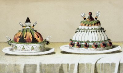 Terv libamájjal és fácánmellekkel töltött csirke bemutatásához Berthold-módszerrel főtt, illusztráció egy francia konyhaművészetről szóló magyar szakácskönyvből, 1880 körül alkotó: Hungarian School