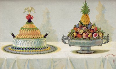Dizájn majonézes és aszpikos jércés csirke bemutatásához vaj, jég és gyümölcs ágyon, illusztráció egy francia konyhaművészetről szóló magyar szakácskönyvből, 1880 körül alkotó: Hungarian School