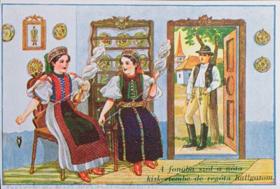 Képeslap, amely hagyományos magyar ruhában pörgő nőket ábrázol és elénekli az Énekelj a békának című népszerű dalt, 1940 körül alkotó: Hungarian School