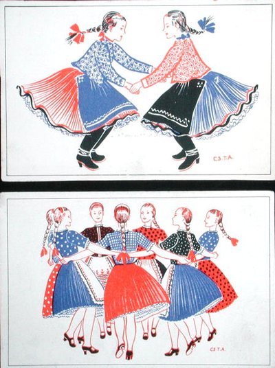 Tradicionális magyar táncokat ábrázoló képeslapok, 1947-1948 körül (színes litó) alkotó: Hungarian School