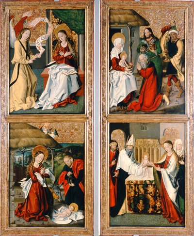Angyali üdvözlet, Krisztus születése, a bölcsek imádása és a templomi bemutató a szepeshelyi oltárképről, 1480-90 alkotó: Hungarian School