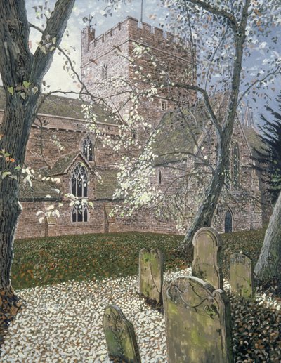 Brecon katedrális, 1992. őszi nap (guache a kártyán) alkotó: Huw S. Parsons