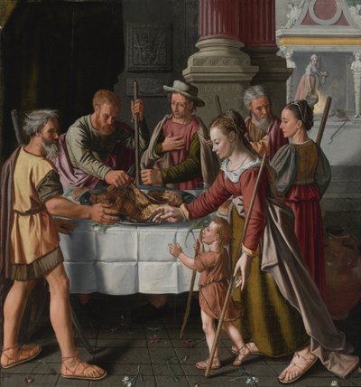 ""A zsidó húsvét első napja"" (Az első húsvéti ünnep) Huybrecht Beuckelaer festménye (aktív 1563-1584 körül) - 1563 - Olaj, fa Méret 105x99 cm Magángyűjtemény alkotó: Huybrecht Beuckeleer or Beuckelaer