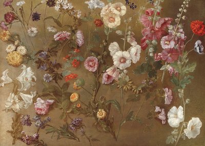 Virágtanulmányok összetétele, beleértve a szegfűt, párnavirágot, pattogó tétet, mályvát; hollyhocks, afrikai körömvirág, nefelejcsek alkotó: Hyacinthe Francois Rigaud