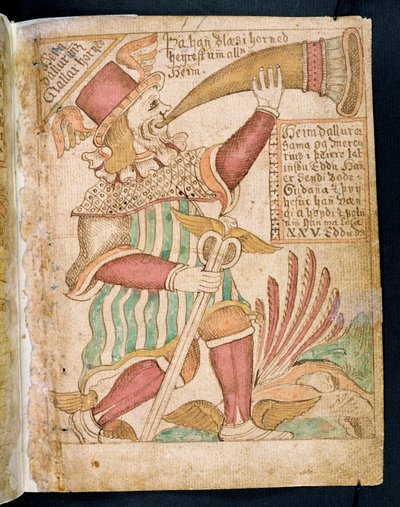 Heimdal kürtöt fúj Ragnarok előtt, a Melsteds Edda-tól (toll, tinta és WC papíron) alkotó: Icelandic School