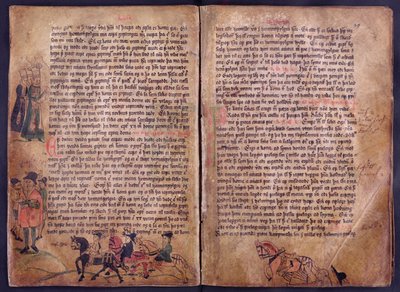 Két illusztrált oldal az eredeti 13. századi Jonsbok-joggyűjtemény másolatából alkotó: Icelandic School