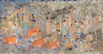 Tehénpásztorok és falusiak időtöltése (tempera vásznon) alkotó: Ida Bagus Kembeng