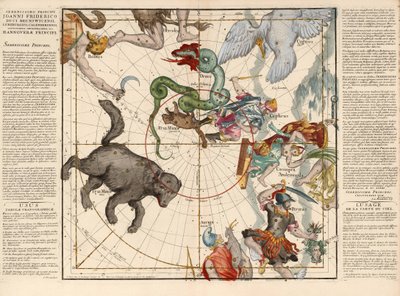 Északi-sark, 1. tábla a mennyei földgömb leírásából lapos keretben, kocsma. 1674 (kézzel színezett metszet) alkotó: Ignace-Gaston Pardies