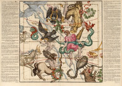 Téli napforduló , 5. tábla a mennyei földgömb leírásából lapos asztalokban, kocsma. 1674 (kézzel színezett metszet) alkotó: Ignace-Gaston Pardies
