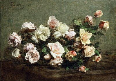Váza fehér rózsákkal az asztalon; Váza fehér és rózsaszín rózsákkal az asztalon, alkotó: Ignace Henri Jean Fantin Latour