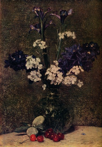 Virágváza, cseresznyével és mandulával az asztalon, Nature morte, íriszek, Delphinium hibridek a alkotó: Ignace Henri Jean Fantin Latour