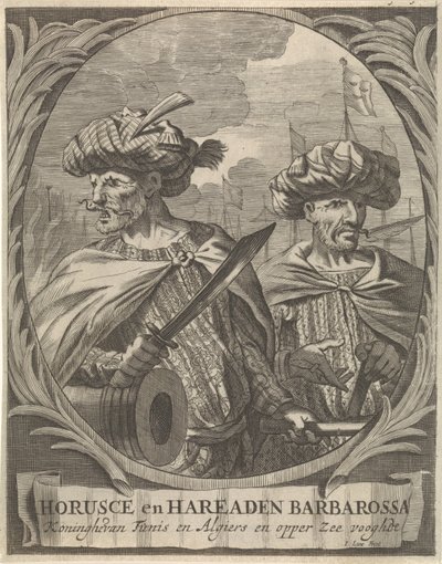Horusce és Hareaden Barbarossa portréi, Barbar kalózok Horusce és Hareaden Barbarossa, Tunisz és Algír királya és a Felső-tenger őrzője (cím a tárgyon) alkotó: Ignatius Lux