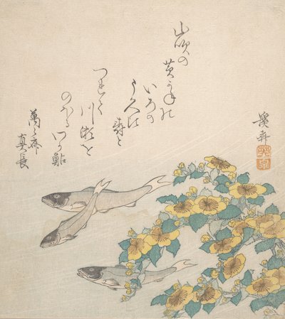 Sárga virágokkal úszó halak, kb. 1830. alkotó: Ikeda Eisen