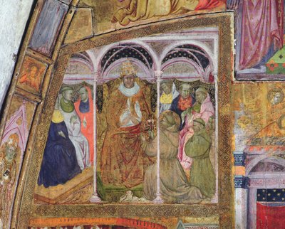 Szent Ferenc könyörgő III. Honorius pápához a búcsú megerősítésére, a Porziuncola freskója, 1393 alkotó: Ilario da Viterbo