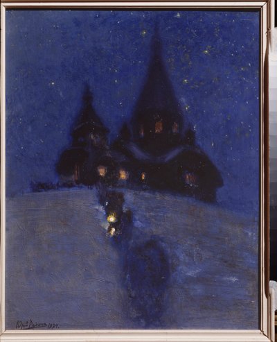 Templom Kuokkalában (vagy Repinoban, Oroszországban) karácsony éjszakáján. Jurij Iljics Repin (Youri Repin) festménye (1877-1954), olaj, fa, 1910 körül. Orosz művészet, XX. század. I. Repin Emlékmúzeum Penates, Szentpétervár. alkotó: Ilya Efimovich Repin
