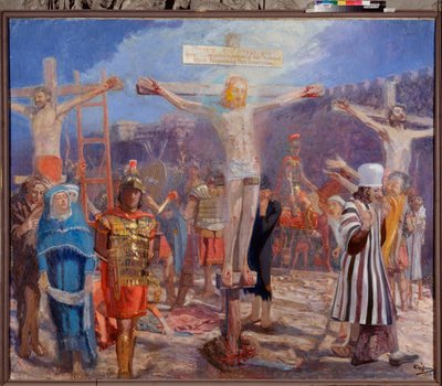 A kálvária. (A keresztrefeszítés jelenete). Az oldalakon a jó tolvaj (más néven Szent Dismász (vagy Dysmas, Dimas, Dumas) és a rossz tolvaj (Gesmas vagy Gestas) ábrázolása, két tolvaj, akiket Jézus Krisztussal keresztre feszítettek. Jurij Iljics Repin (You alkotó: Ilya Efimovich Repin