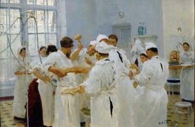 Ivan Pavlov sebész (1849-1936) egy műtőben (The Surgeon Pavlov in an Operating Room). Orvosi csapatával, asszisztenseivel és nővéreivel körülvéve a sebész beteg beteget operál. Ilja Jefimovics Repin festménye (Ilia Repin) (1 alkotó: Ilya Efimovich Repin