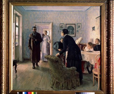 ""A váratlan visszatérés"" (Unexpected Return) A politikai száműzetés váratlan visszatérése az 1880-as évek nihilista mozgalmai idején. Ilja Jefimovics Repin (Ilia Repin) festménye (1844-1930) 1884-1888 V. 160. x 167,5 cm A Tretyakov Állami Képtár alkotó: Ilya Efimovich Repin