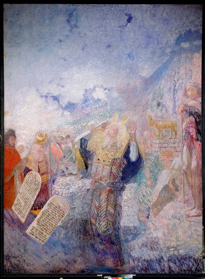 Mózes és a Tízparancsolat. Mögötte az Aranyborjú. Jurij Iljics Repin (Youri Repin) (1877-1954) festménye, olaj, vászon, 1930 körül. Orosz művészet, XX. század, modern művészet. I. Repin Emlékmúzeum Penates, Szentpétervár. alkotó: Ilya Efimovich Repin