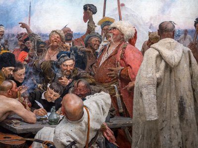 A ZAPOROGAI KOSZÁKOK LEVELET ÍRNAK TÖRÖKORSZÁG SZULTÁNJÁNAK alkotó: Ilya Efimovich Repin