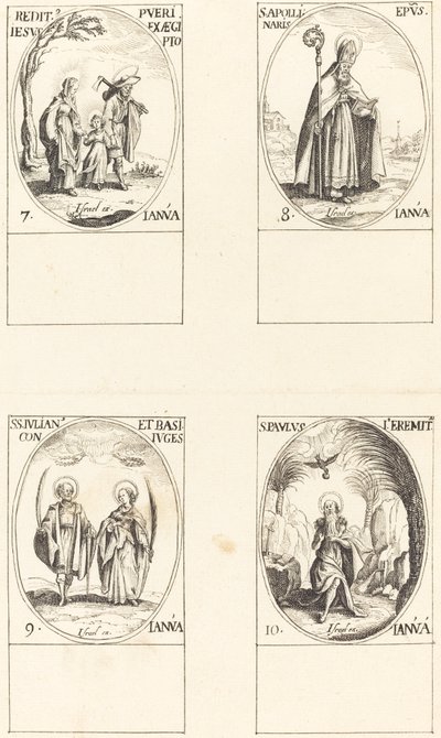 Visszatérés Egyiptomból; St. Apollinaire; Szent Julián és Bazilissa; Remete Szent Pál alkotó: Imitator of Jacques Callot