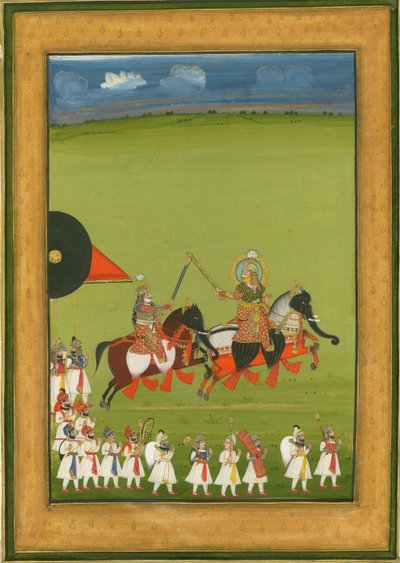 Rajah és fia lovakon elefántnak álcázva, és kísérői lakosztály, kb. 1810 alkotó: Indian Art