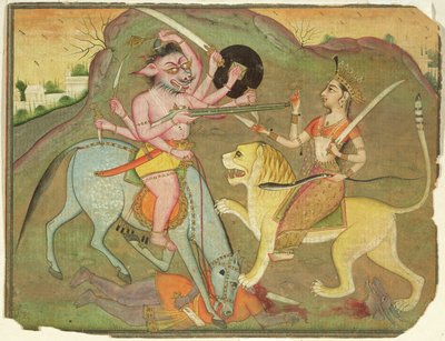 47.110/174 Durga harcban Mahishasurával, „Devi Mahatmya” fóliójából, Devanagari, Text on Rivers, Bikaner, Rajasthan, Rajput School alkotó: Indian School