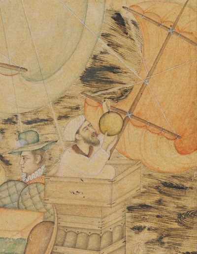 Tengeri szörnyeteg által megtámadt karavellla, Mogul India, 1590 körül (átlátszatlan pigmentek arannyal és ezüsttel megerősítve a papíron) alkotó: Indian School