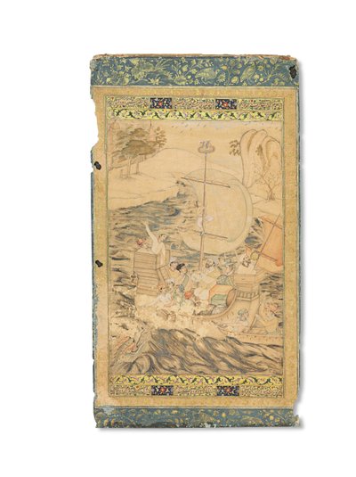 Tengeri szörnyeteg által megtámadt karavellla, Mogul India, 1590 körül (átlátszatlan pigmentek arannyal és ezüsttel megerősítve a papíron) alkotó: Indian School