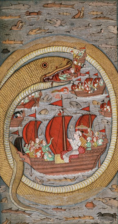 Egy szörnyű kígyó, amely felfalja a királyi flottát, 1670-1690 alkotó: Indian School