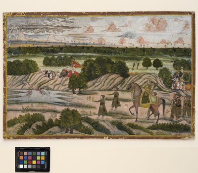 Egy Nawab és tartói egy vadászexpedíción, 1780 körül (átlátszatlan akvarell és arany papíron) alkotó: Indian School