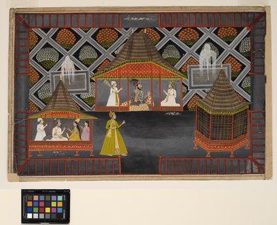 Egy Nawab és fiai egy kerti pavilonban, 1770 körül (átlátszatlan w/c, ezüst és arany papíron) alkotó: Indian School